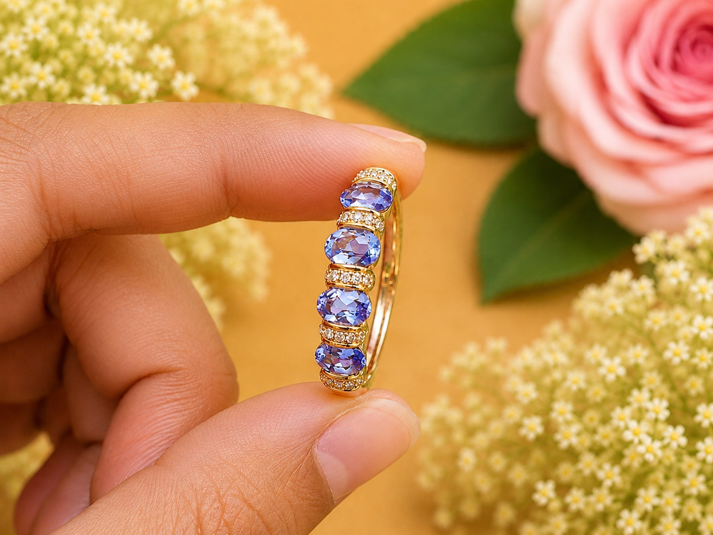2Ct Oval Cut Lab Created Blue Tanzanite Wedding Band Ring 14K Yellow Gold Plated