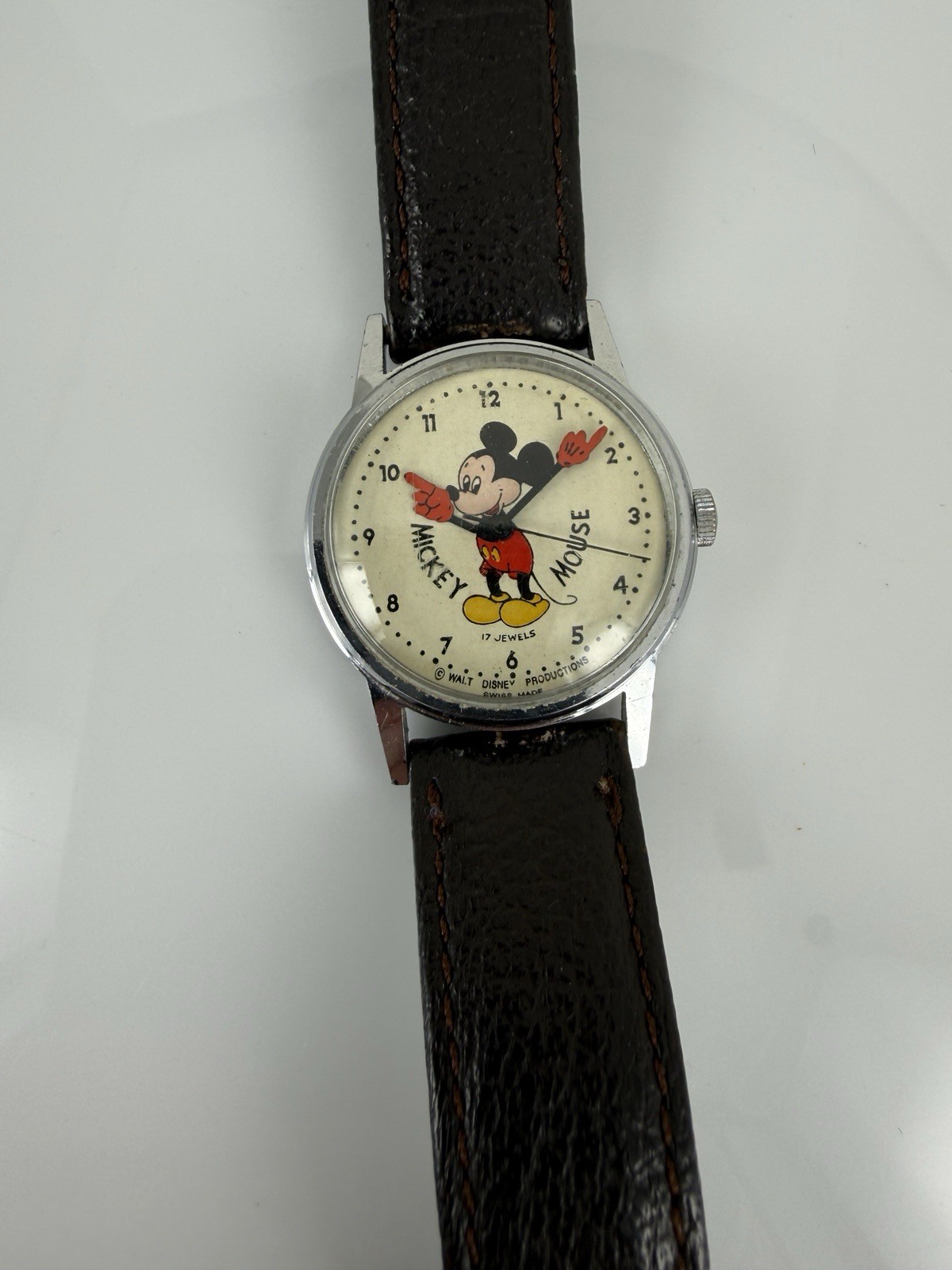 1970’s Mickey Mouse Watch by Bradley Swiss 17 jewel movement 33mm case Running