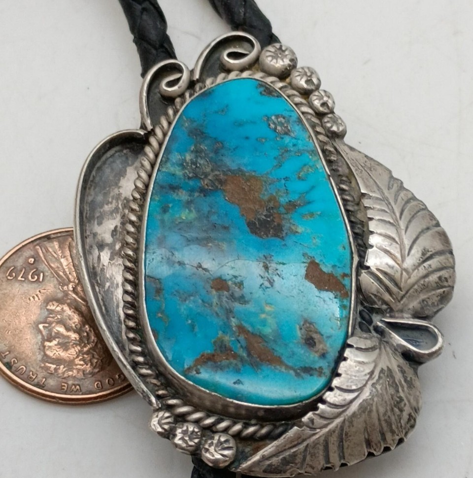 Vintage Sterling Silver Native American Design Turquoise Bolo Tie