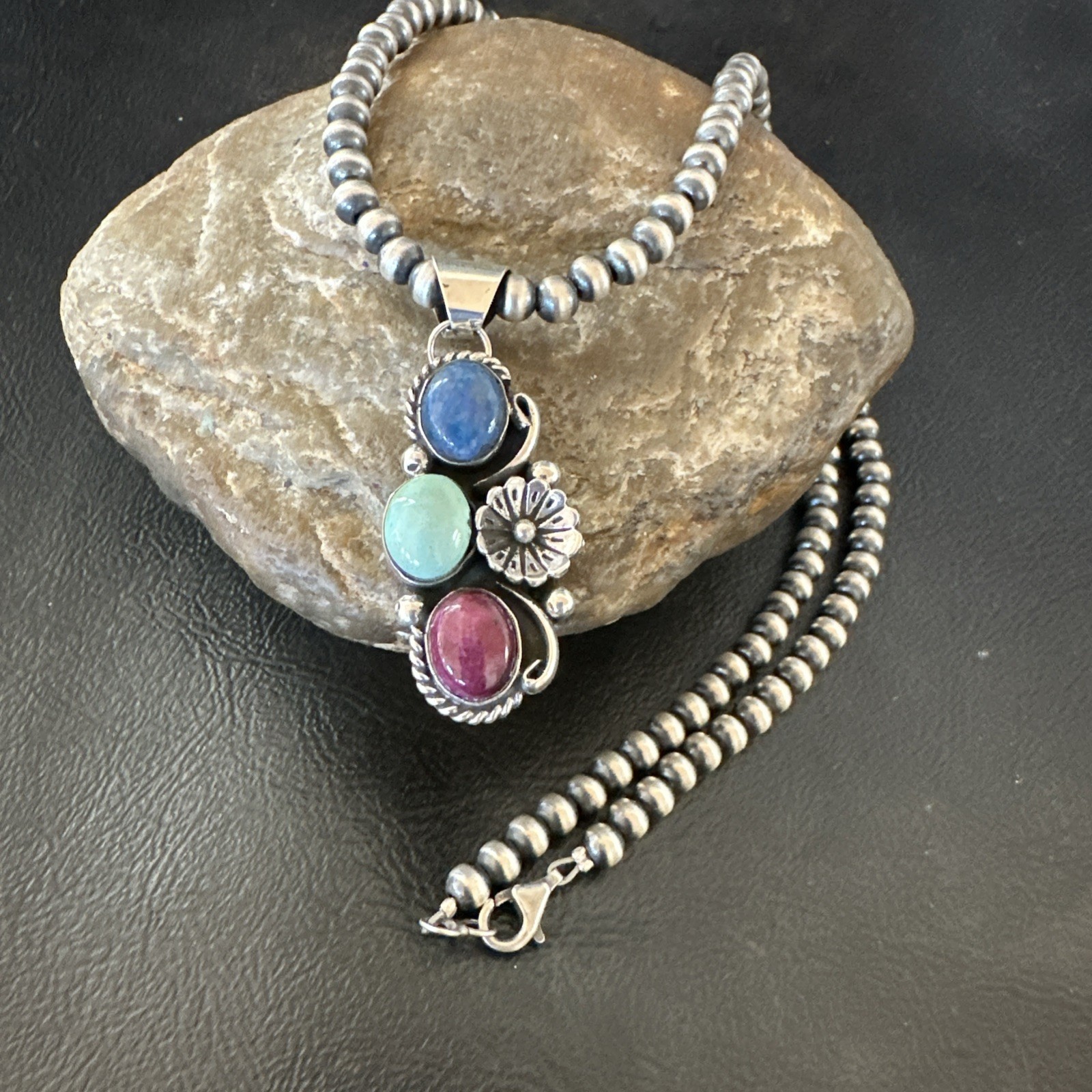 Multicolor Turquoise Spiny Navajo Sterling Silver Cluster Pendant Necklace 19313