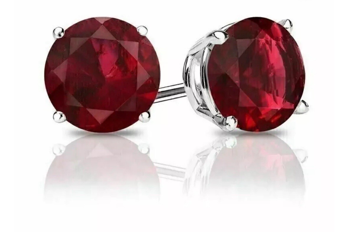 4 Ct Round Cut Lab Created Red Ruby Stud Earrings 14K White Gold 7mm Push Back