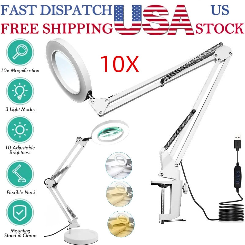 10X Magnifying Glass Desk Light Magnifier LED Lamp Reading Lamp With Base& Clamp