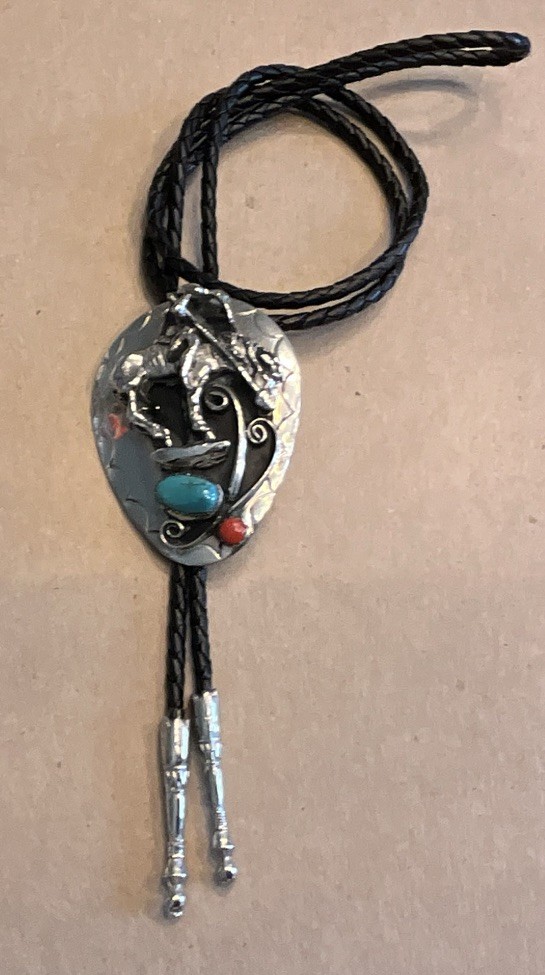 Men’s Adjustable Bolo Tie Black Leather Cord Silver-Tone Oval Turquoise Coral