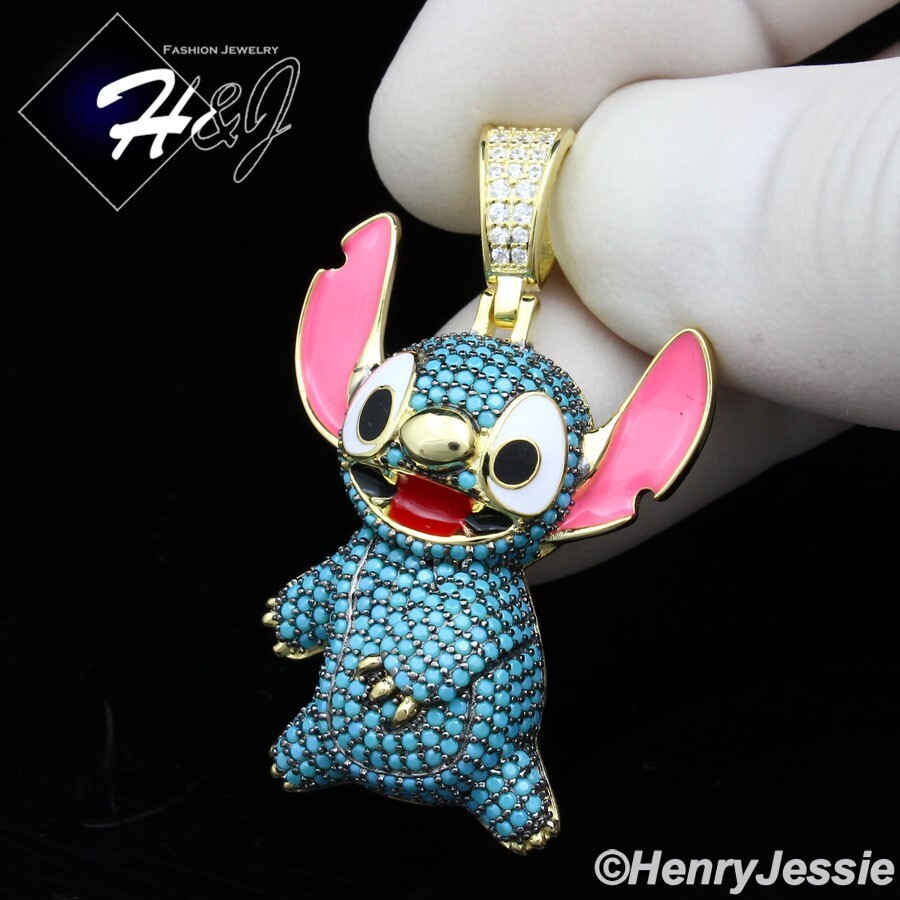 925 STERLING SILVER BLING BLUE CZ GOLD PLATED LILO STITCH CARTOON PENDANT*GP532