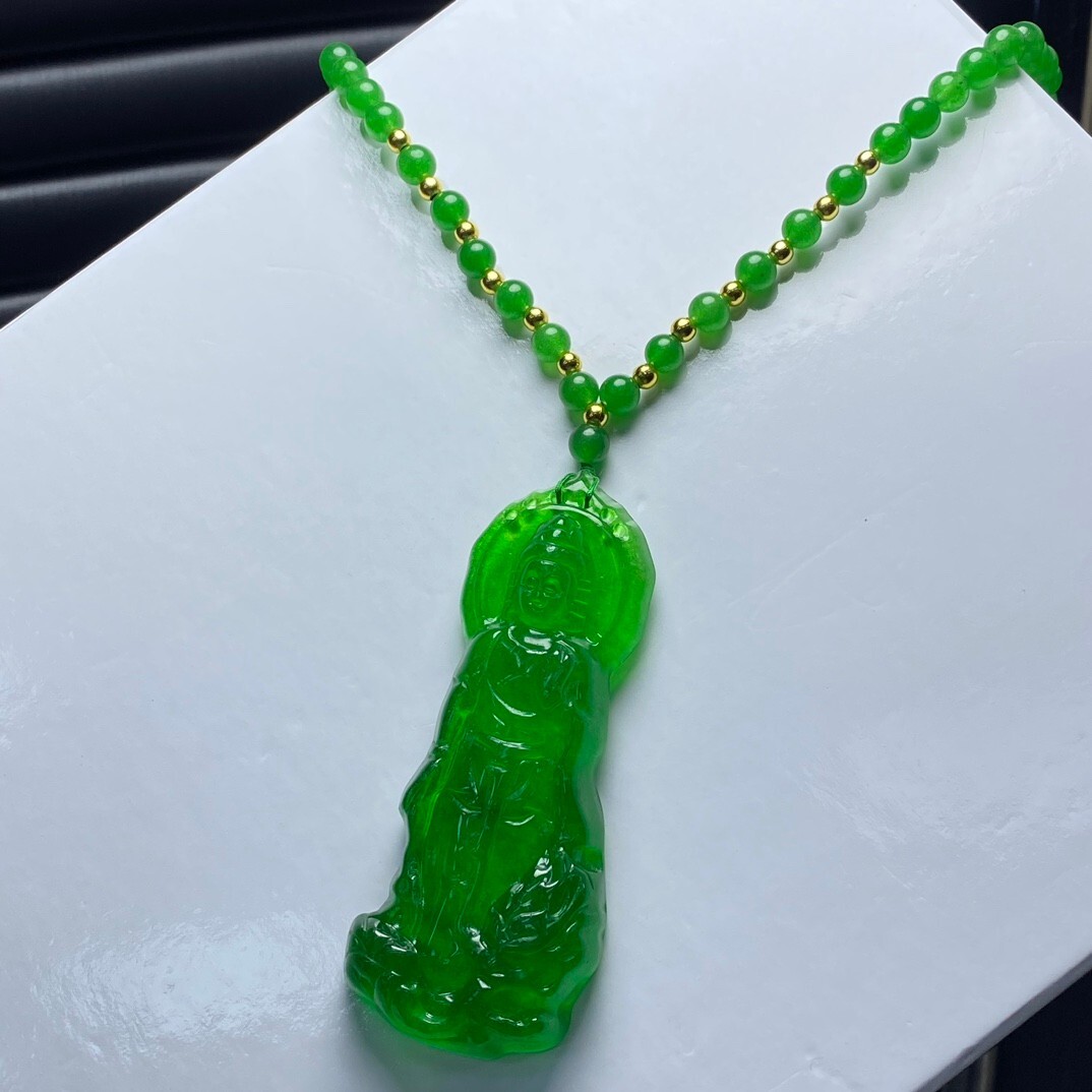 Natural ice Green jade Jadeite Carved Avalokitesvara Pendant&Necklaces
