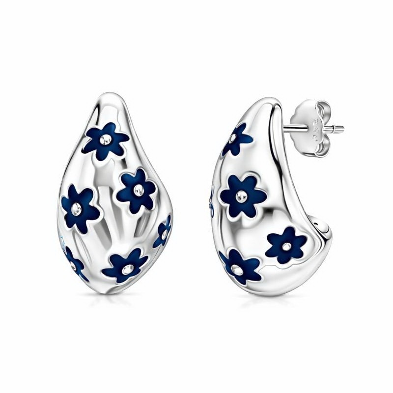 925 Sterling Silver Enamel Flower Stud Earrings | Teardrop Floral Jewelry |