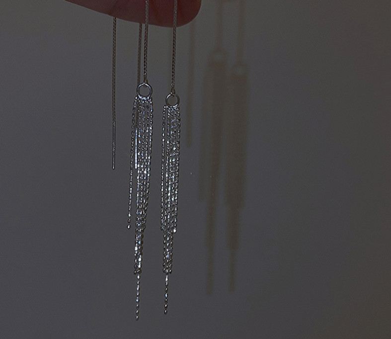 925 Silver Plated Threader Earrings Dainty Chain Tassel Drop Pull Earrings S6