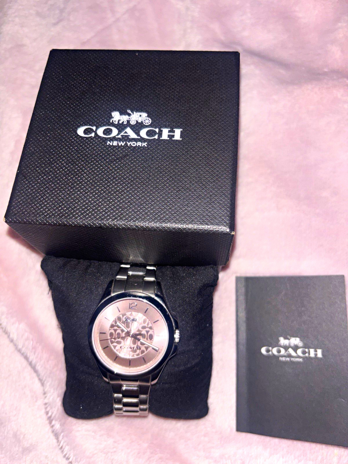 Coach Boyfriend Women’s 34mm Quartz Watch Pink Dial Black SS Bracelet Box