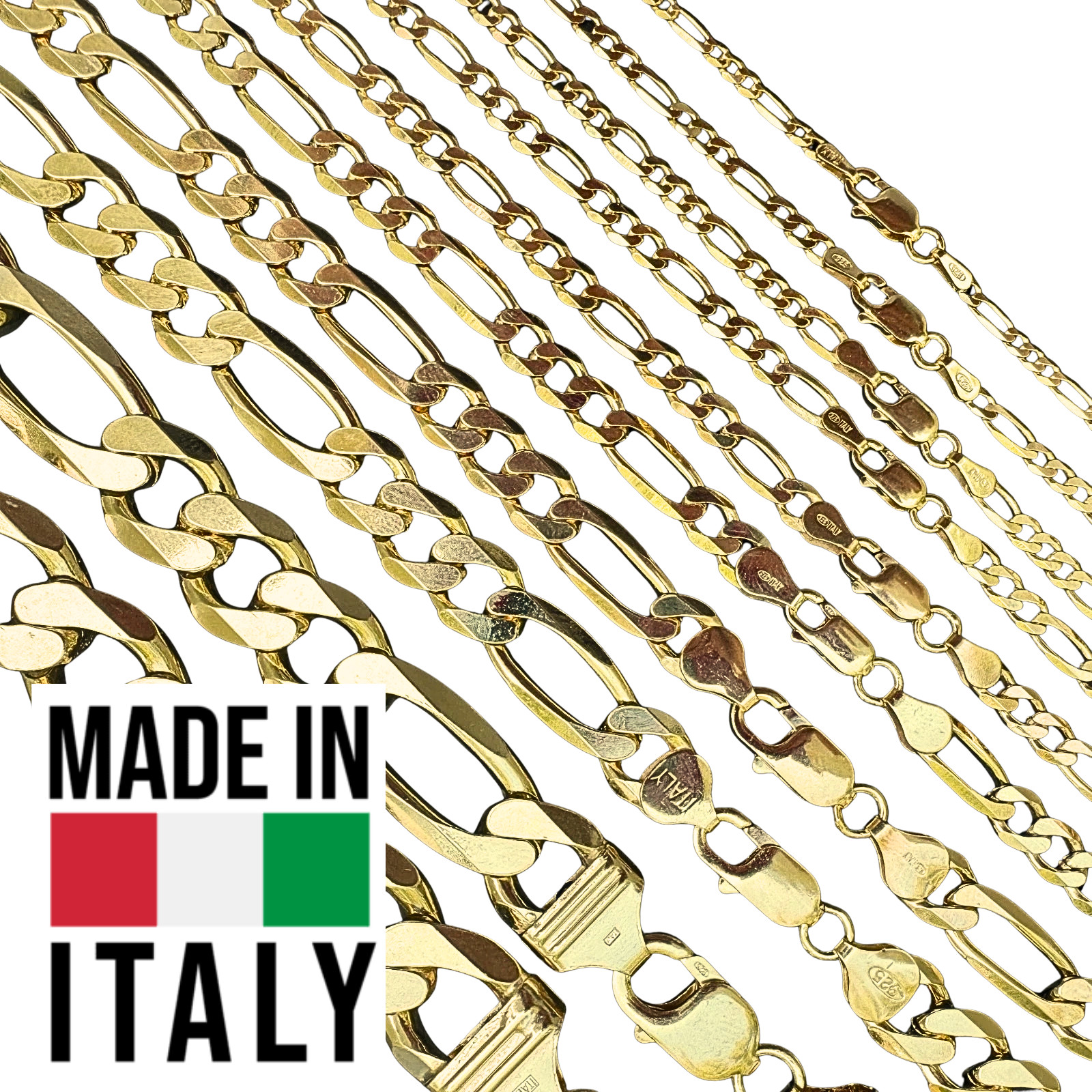 14K Yellow Gold Figaro Necklace Bracelet Chain ITALIAN Real – on Solid Silver