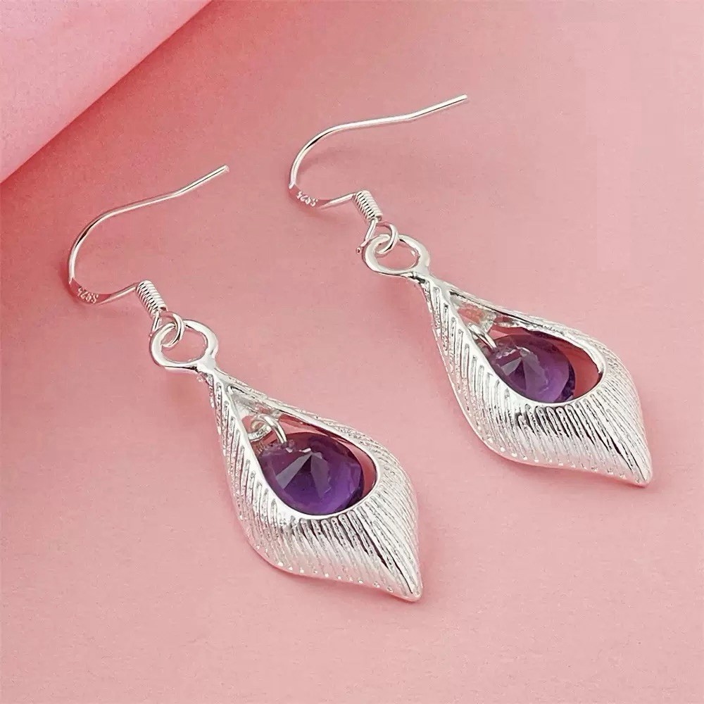 Purple CZ Crystal 925 Sterling Silver Teardrop Drop Dangle Womens Earrings A62