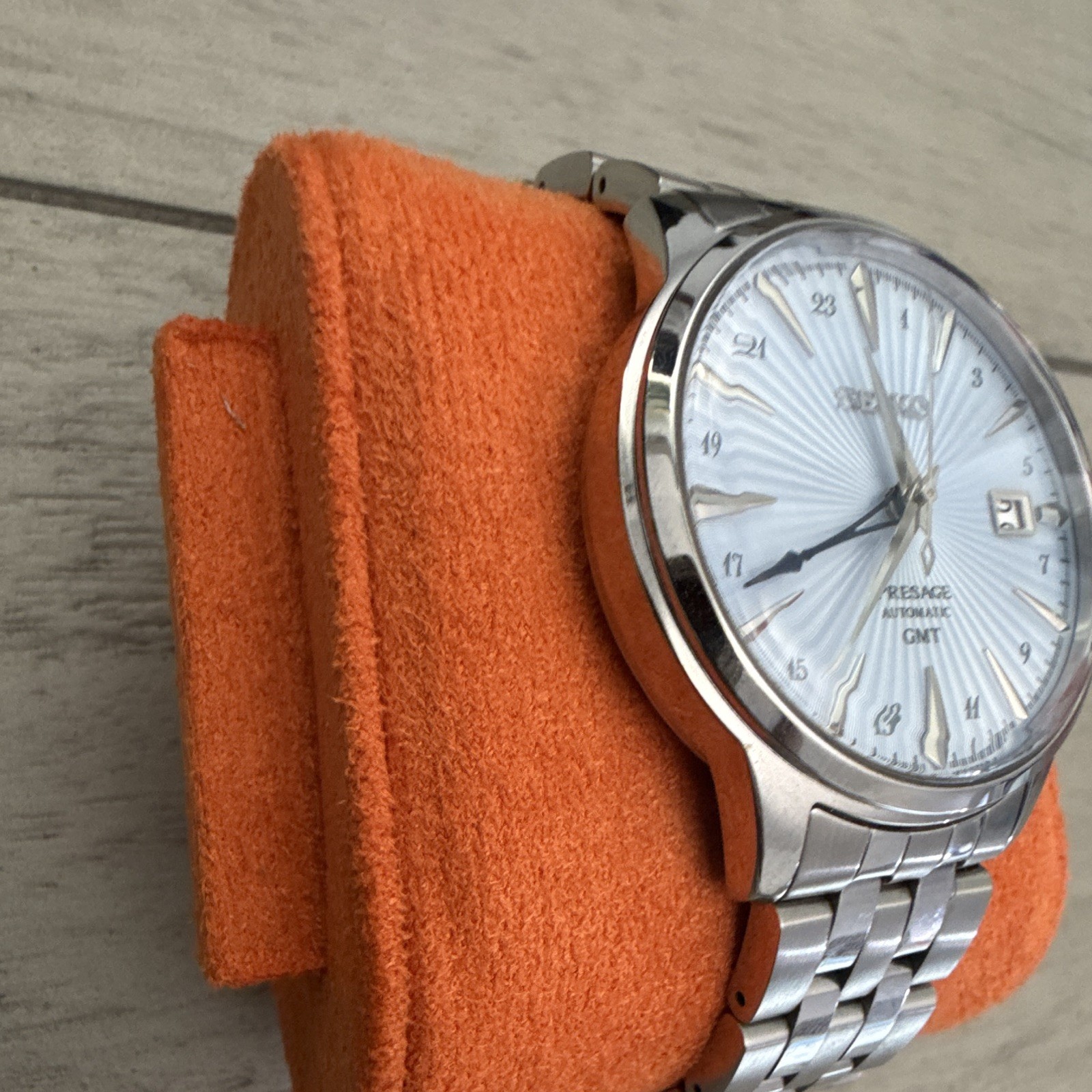 Seiko Presage Automatic GMT Silver Sunburst Dial SS Bracelet Date WR