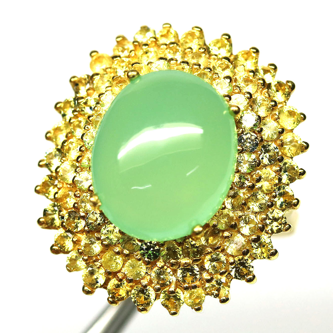 925 Silver 12 x 15 mm. Green Chrysoprase & Sapphire Jewelry Ring Size 8.25