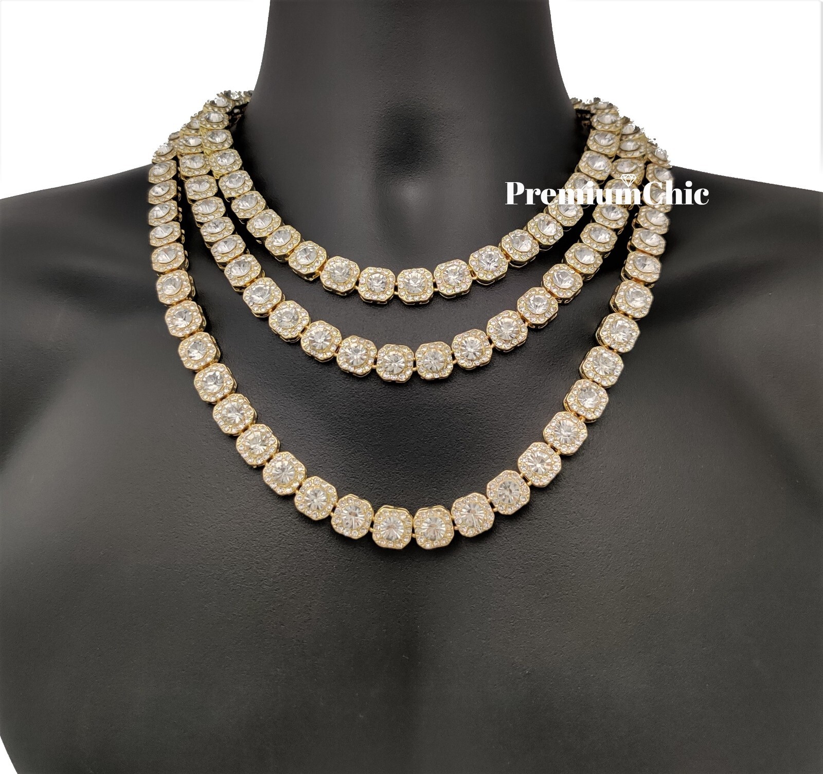 Iced Baguette Cluster Tennis Chain Choker Necklace Plated CZ Men Hip Hop Jewelry