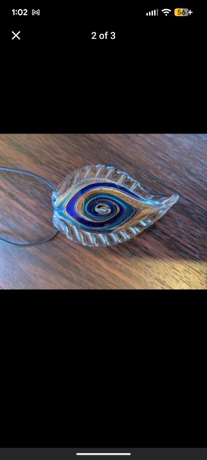 Blue/Gold Glass Leaf-Shaped Charm Pendant Cord Necklace, Lobster Closure