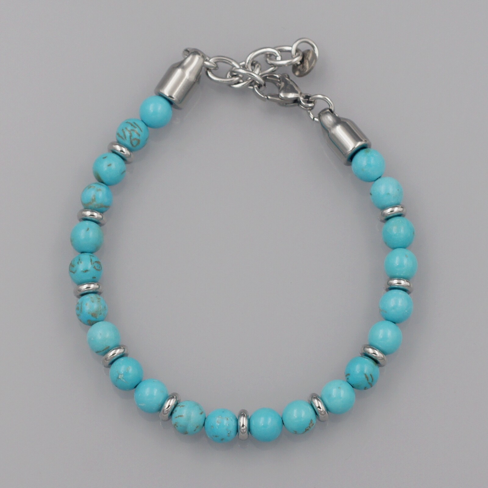 Men Blue Turquoise Natural Stone Stainless Steel Chain Bangle Bracelet 20150