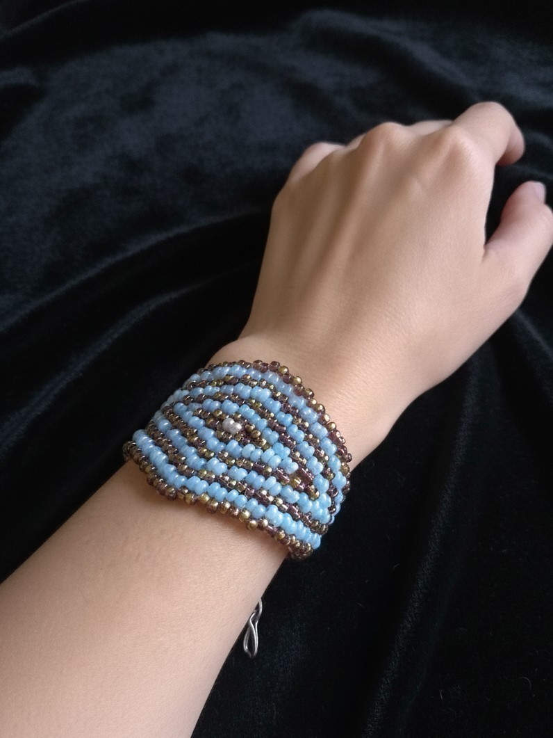 Ethnic Native American Geometric Handcrafted Bracelet Blue Brown Gold