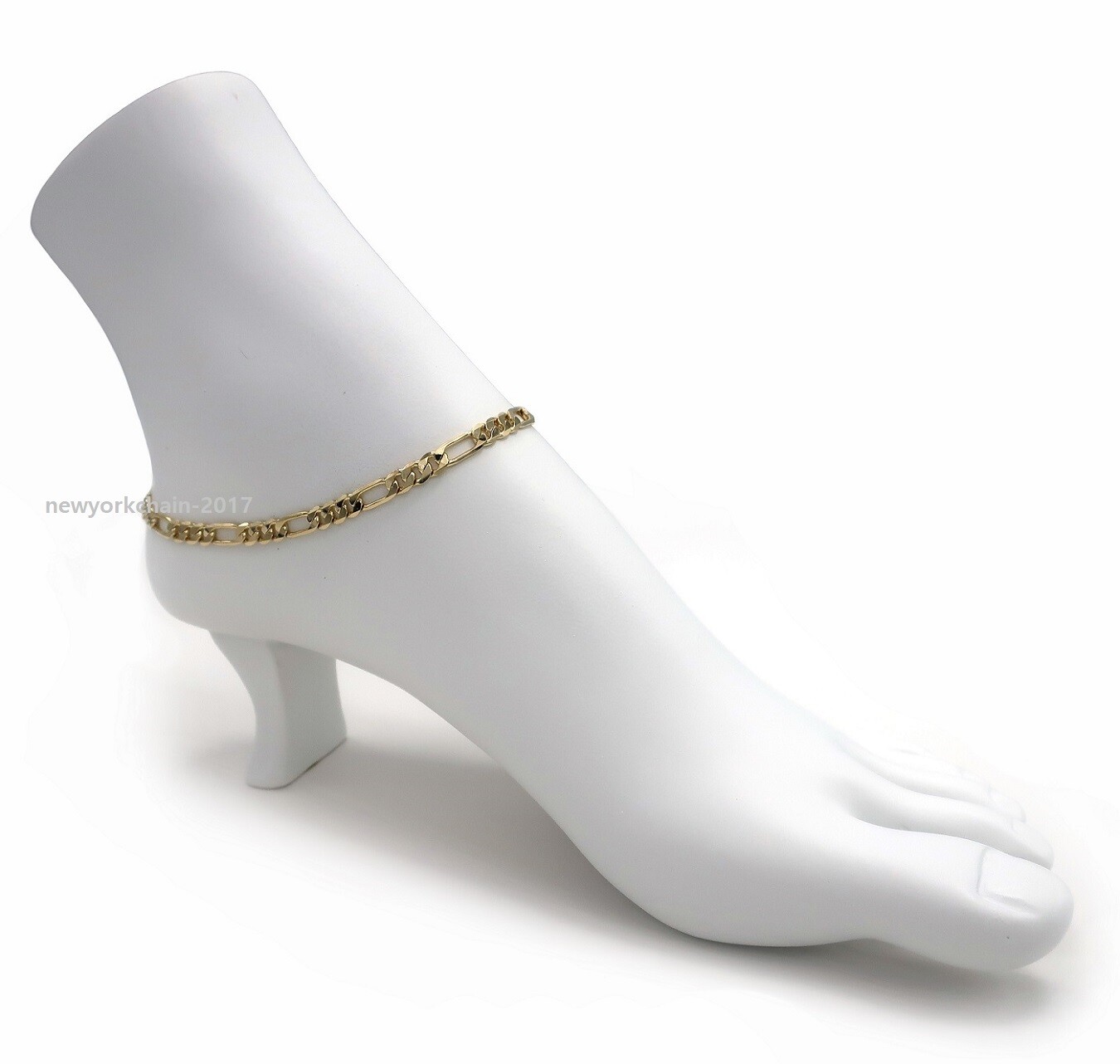 5mm ITALIAN FIGARO LINK CHAIN 10″ ANKLET ANKLE BRACELET 14K GOLD PLATED