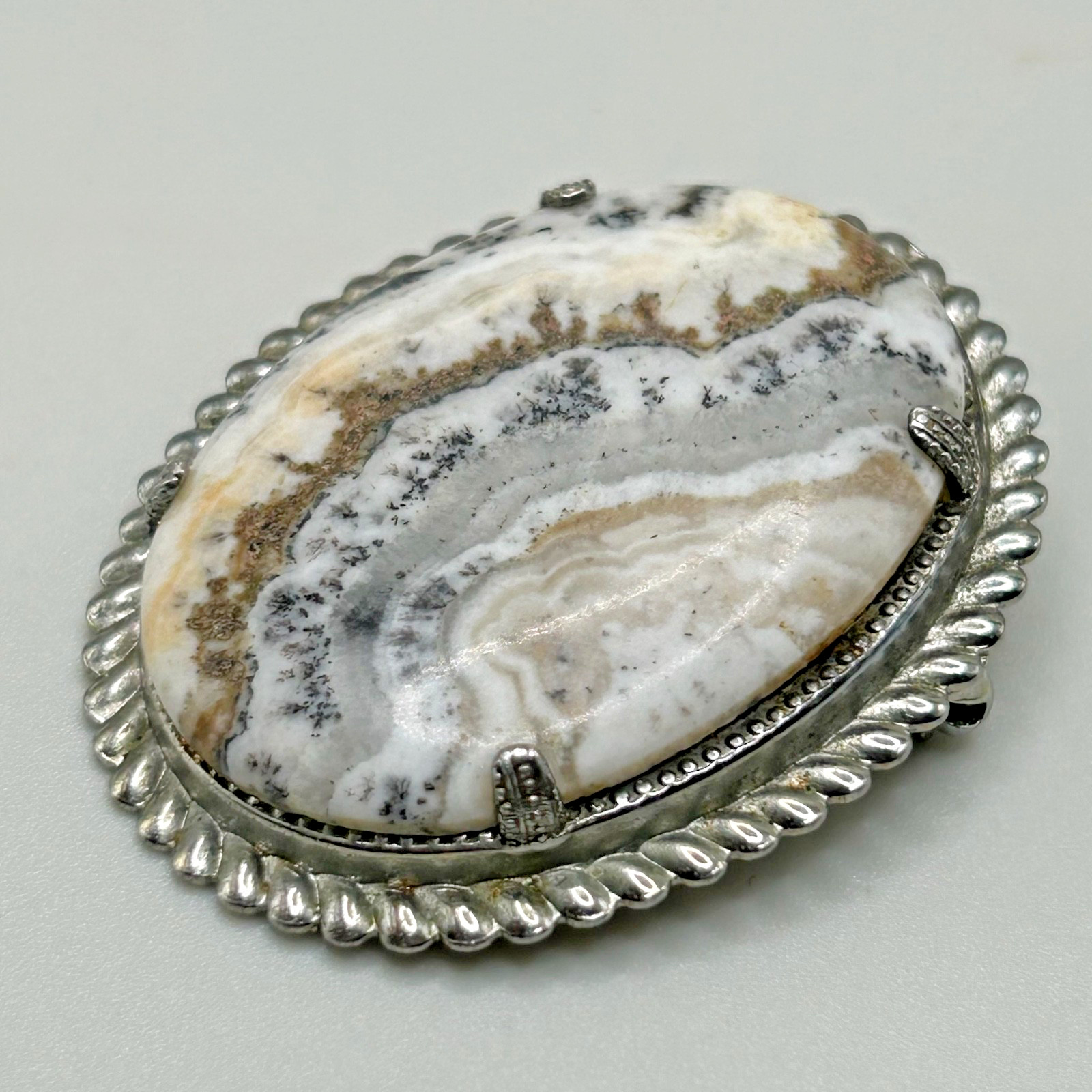 Hand Cut & Polished 2″ Dendrite Agate Stone Cabochon Pin in Sterling Silver JP2