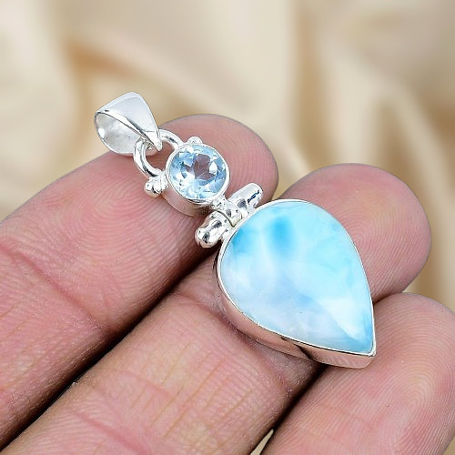Natural Larimar Gemstone Silver Pendant 925 Sterling Silver Jewelry Pendant