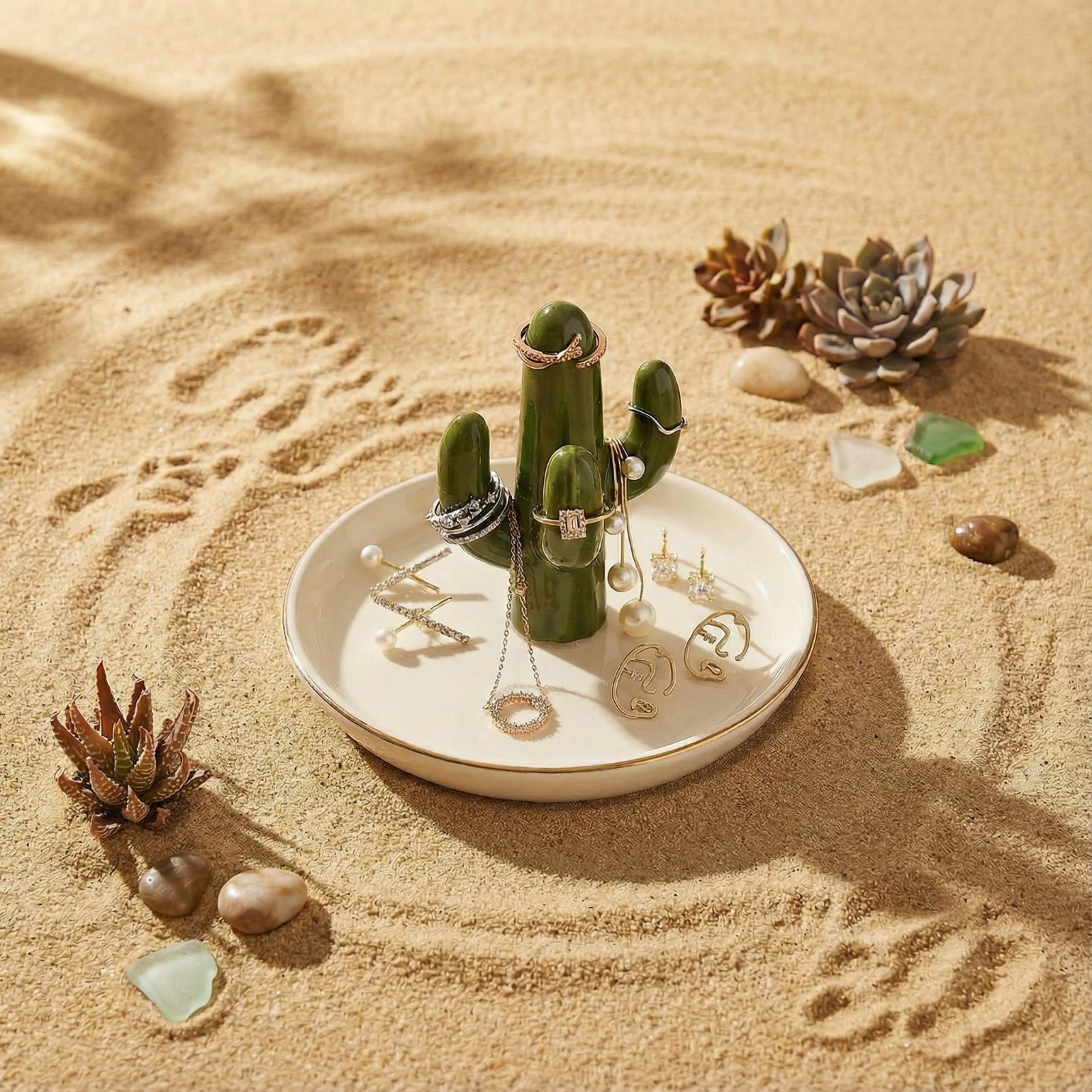 Ceramic Cactus Jewelry Holder & Ring Dish – Succulent Decor for Vanity & Sink, C