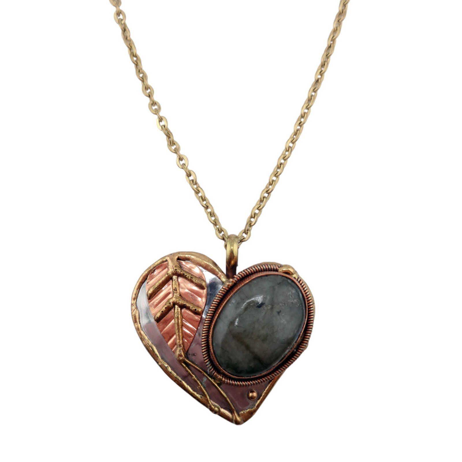 Anju Mixed Metals with Green Mineral Stone Heart Pendant Goldtone Necklace – NEW