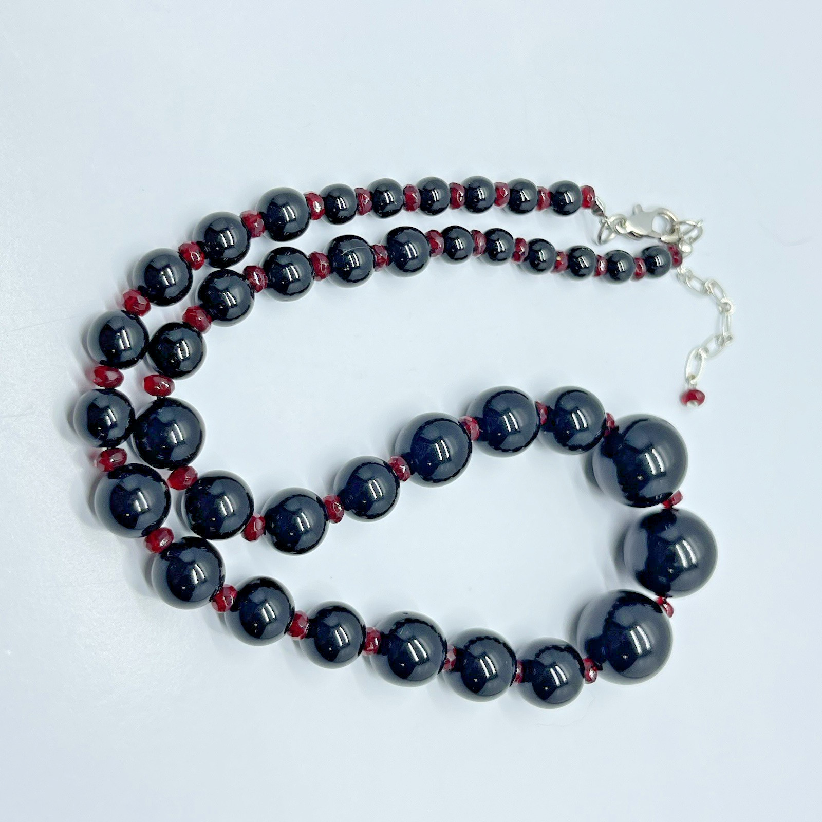 Gothic Black Beaded Necklace Graduated Bead Ruby Red Crystal Spacer Silver Tone