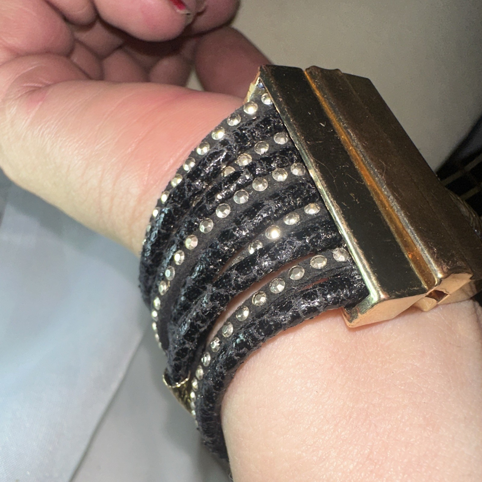 Black Faux Leather Multi-Row Wrap Cuff Bracelet, Gold-Tone Magnetic Clasp