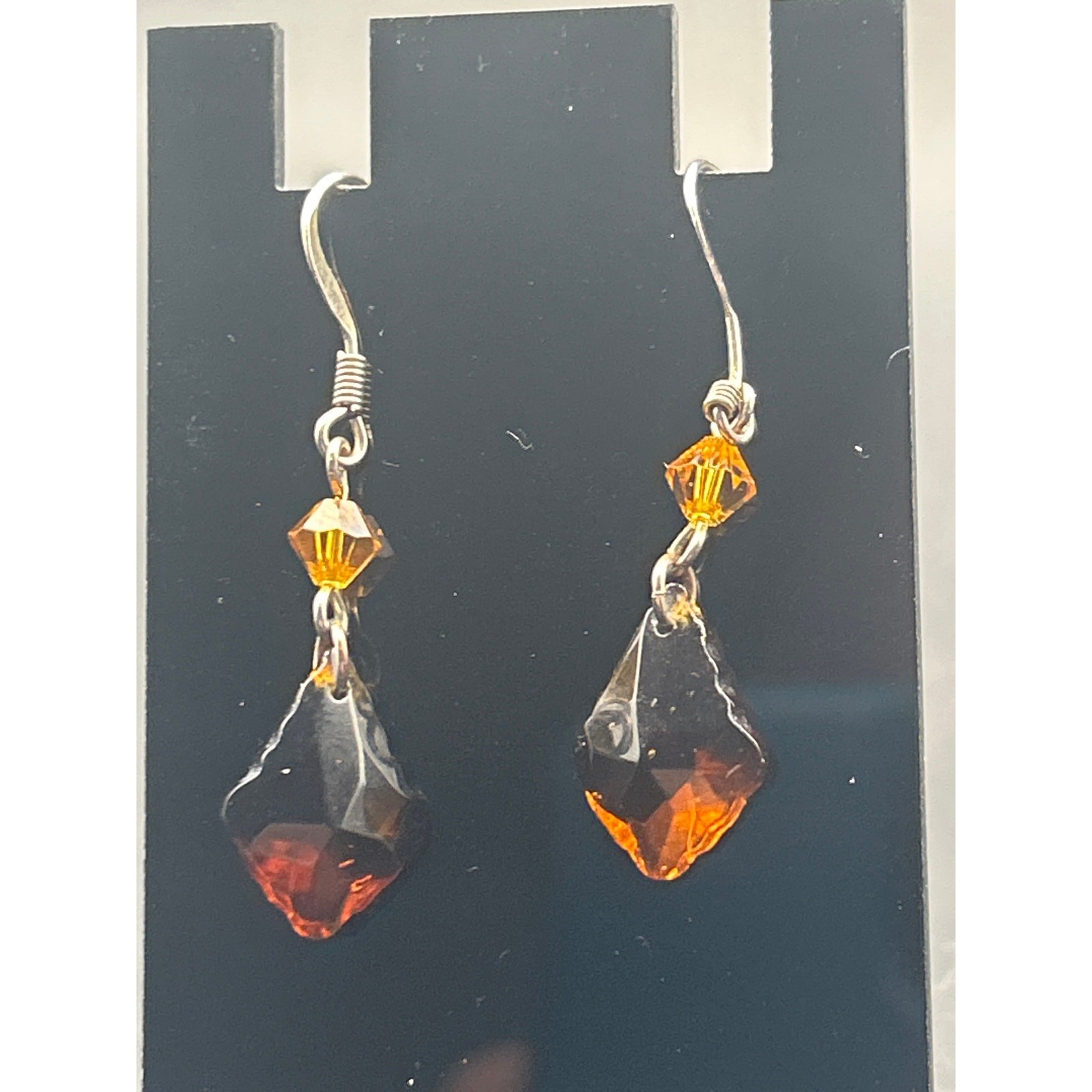 Vintage Amber Faceted Dangle Earrings | Orange Bead Diamond Drop