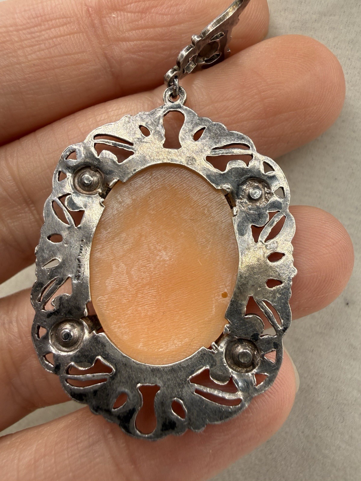 Vintage Sterling Silver Shell Cameo Marcasite Filigree Pendant Necklace