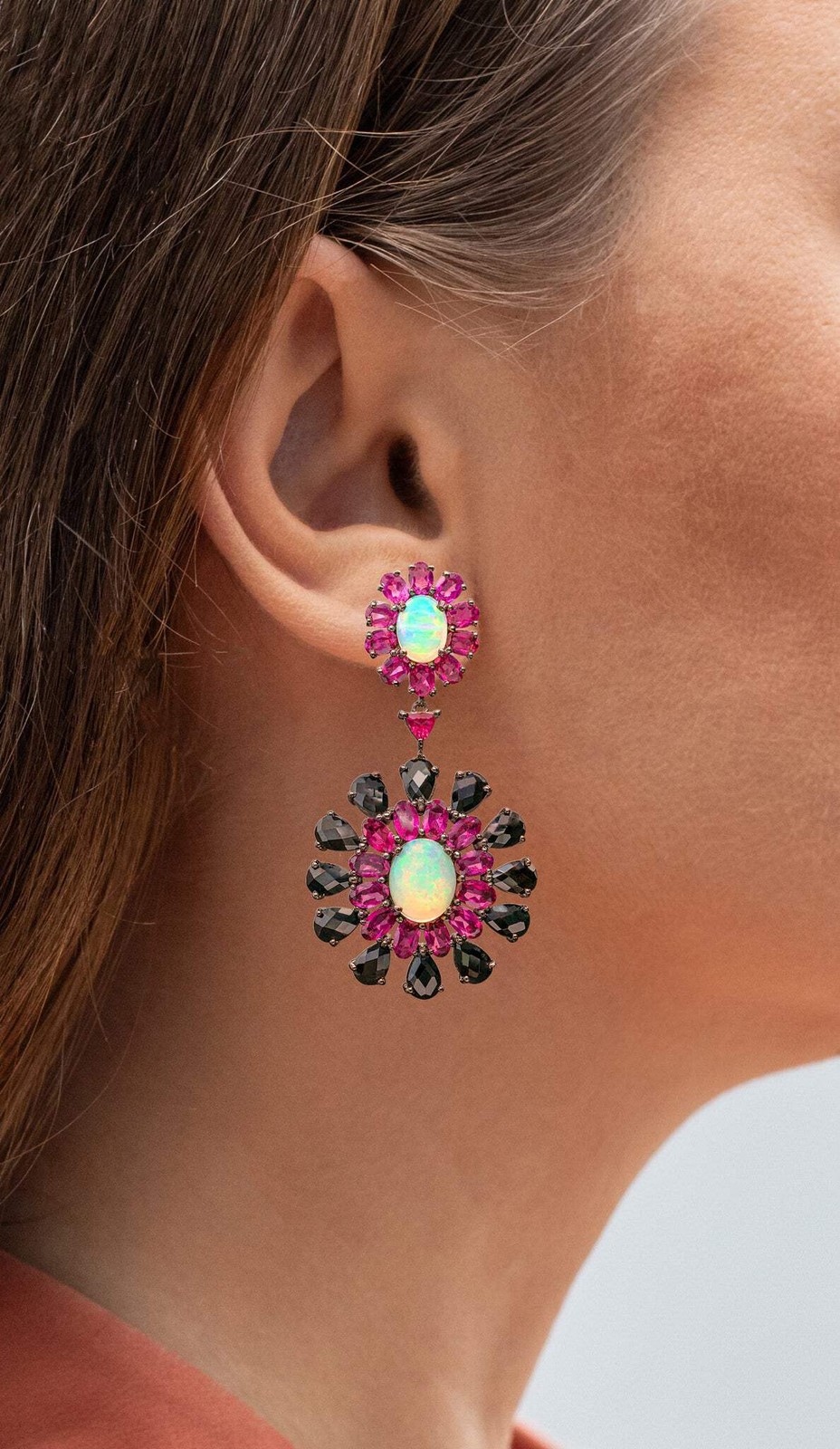 Natural Ethiopian Opal Rhodolite Dangle Earrings 29ct Sterling Silver