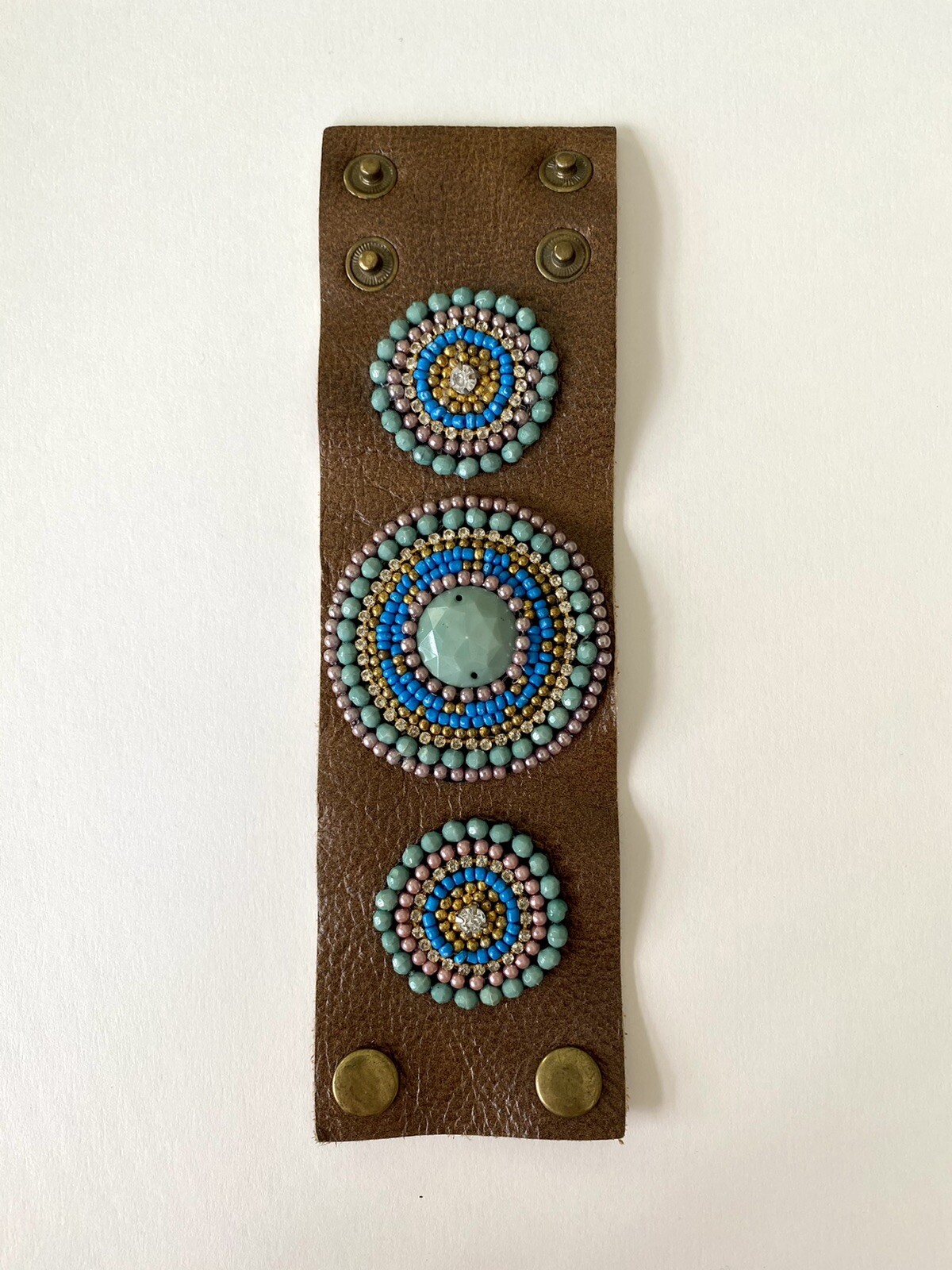Handmade Faux Blue Green Gold Seed Stone Genuine Brown Leather Bracelet Sz S