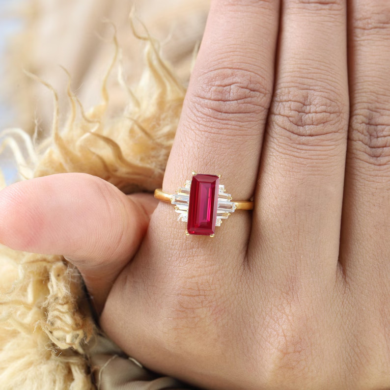 2.80 Ct Baguette Cut Simulated Ruby 14k Yellow Gold Plated Fancy Engagement Ring