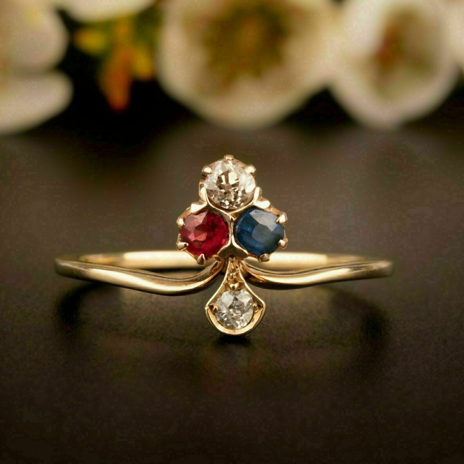 2Ct Lab-Created Antique Victorian Trefoil Old Sapphire Ring 14K Yellow Gold Over