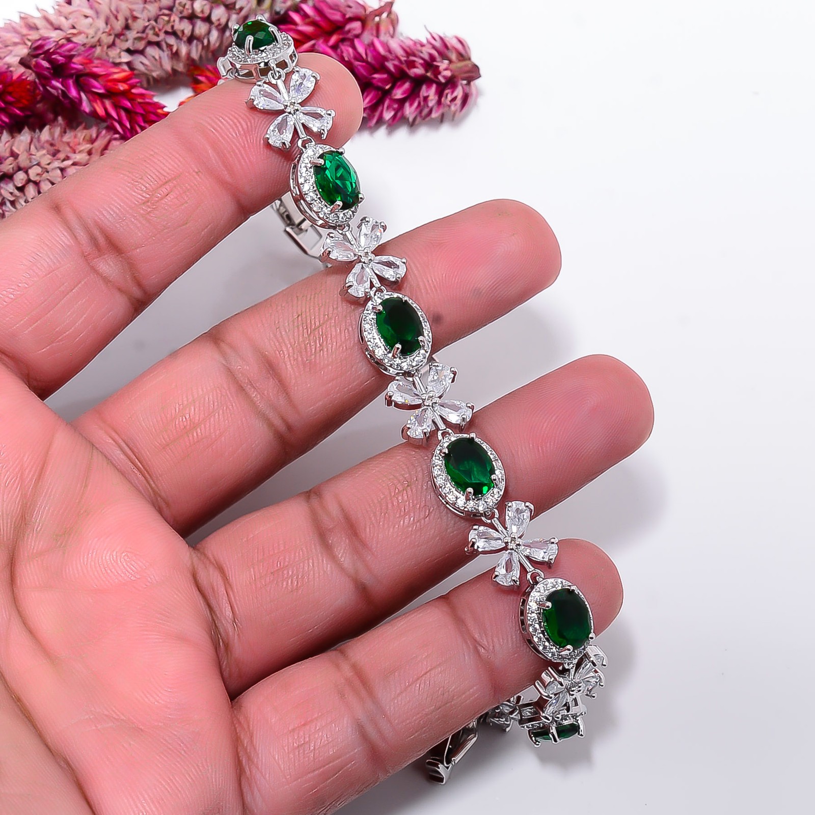 Chrome Diopside, CZ 925 Sterling Silver Adjustable Bracelet 7-8″ B13022