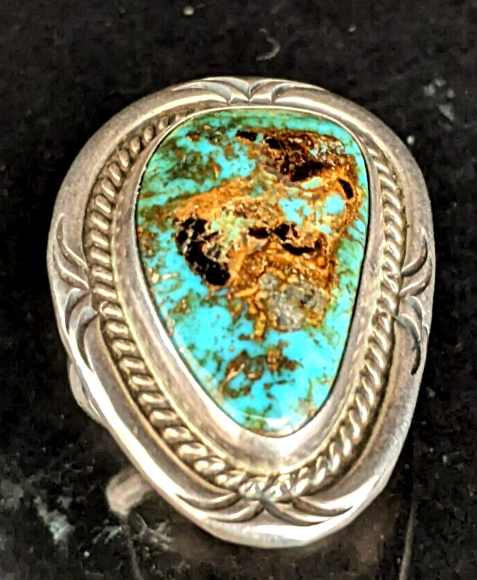 Vintage Native American Turquoise Sterling Silver Ring S-9 25x15mm 12gr No Mark