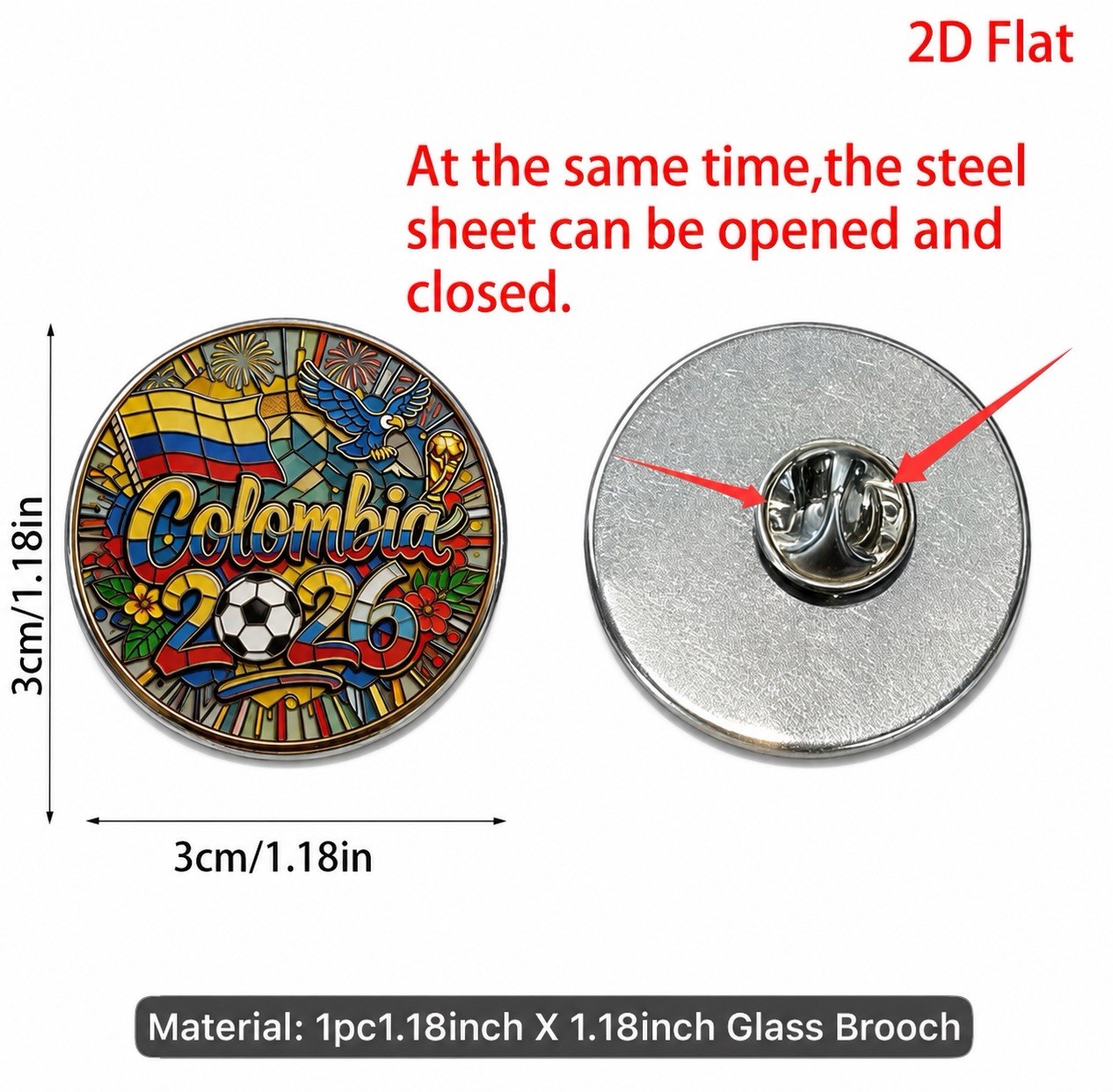 World Cup 2026 Colombia Flag Round Glass Steel Pinback Brooch Multicolor 1.18 in