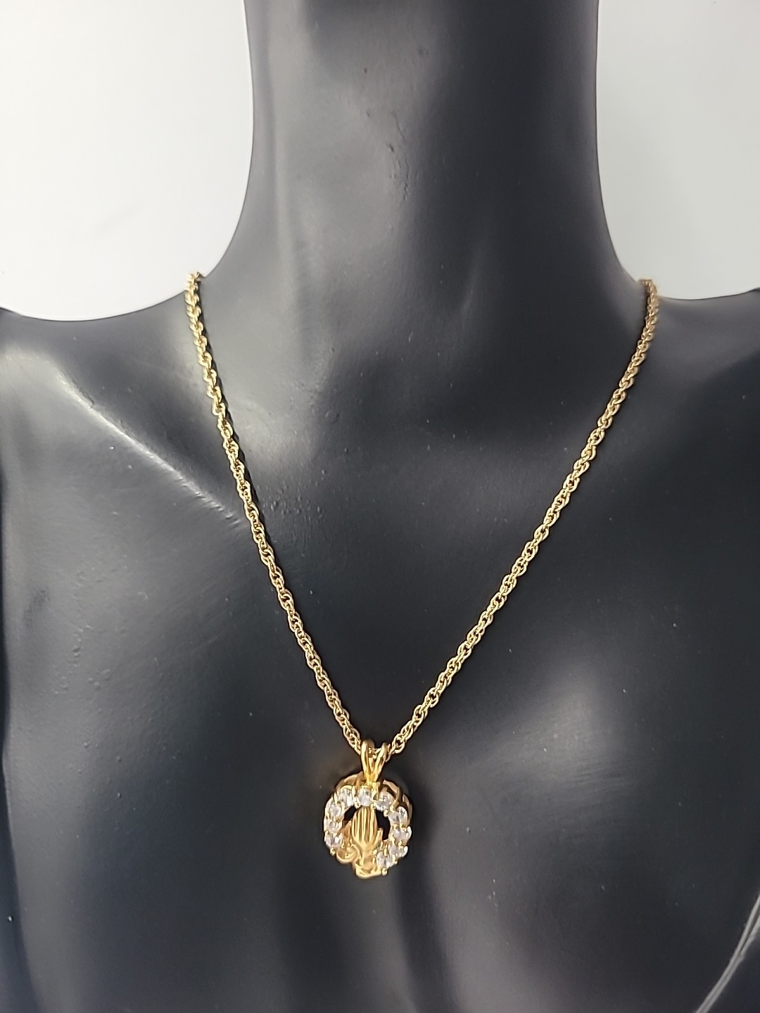 Vintage Gold Tone Rhinestone Praying Hands Pendant Necklace Religious Jewelry