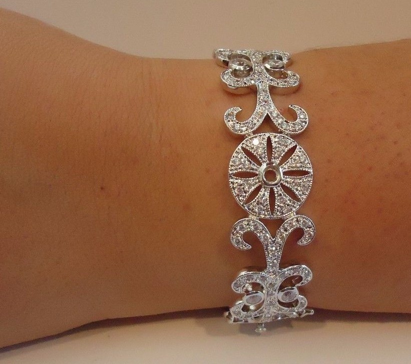 WHITE GOLD OVER 925 SILVER FLOWER DESIGN ITALIAN BRACELET LAB CREATED DIAMONDS