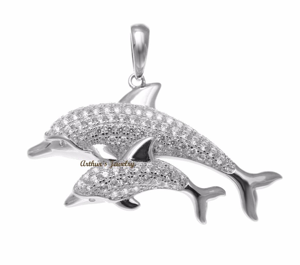RHODIUM PLATED 925 SILVER HAWAIIAN DOLPHIN MOTHER BABY PENDANT CZ 38.35MM