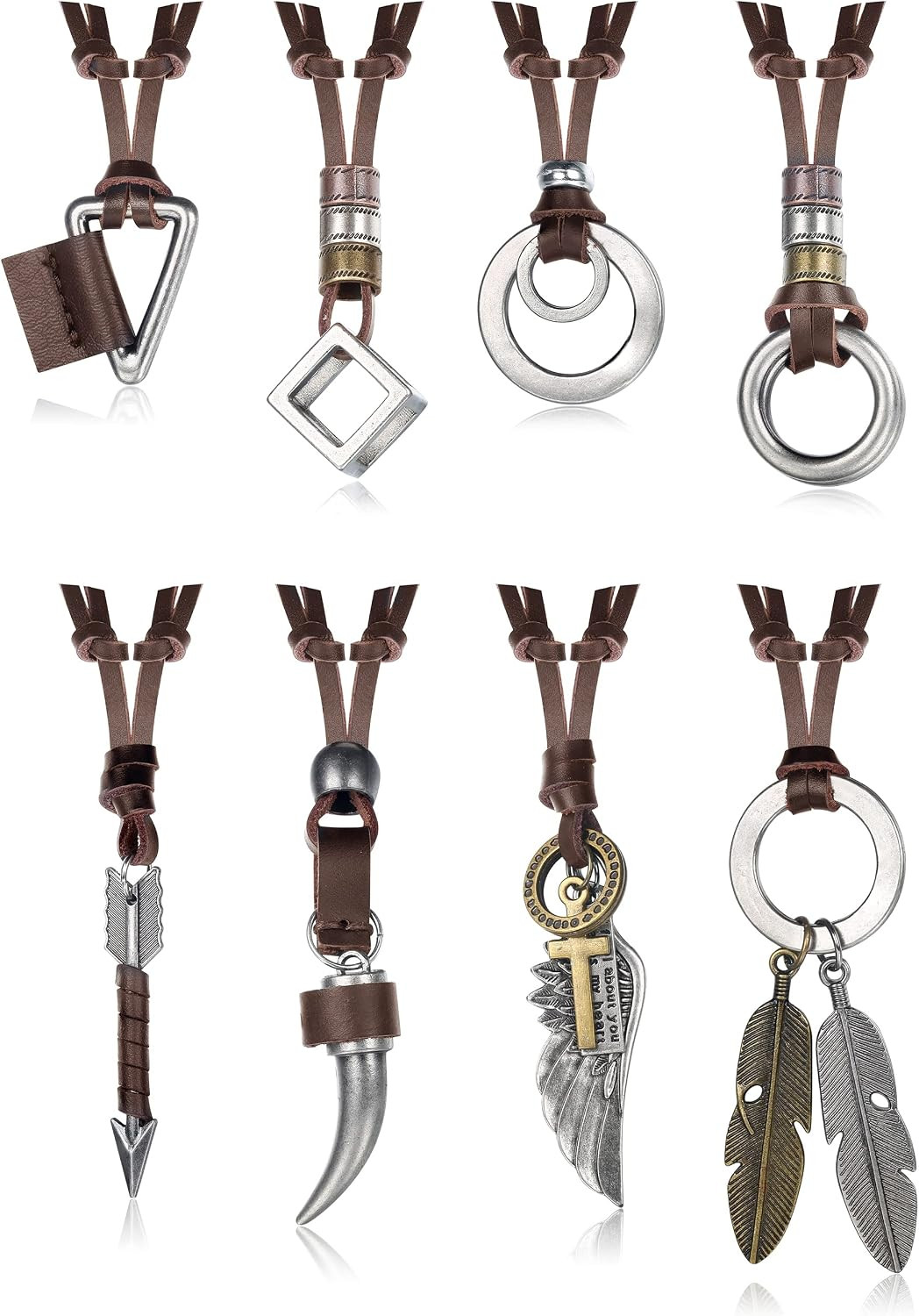 8 Pcs Leather Necklace for Men Women Brown Black Leather Cord Necklace Tribal Ar