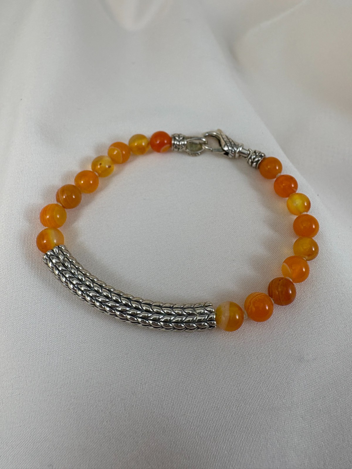 JAI Sterling Silver Orange Agate Bead Bracelet 7″ Long Size X-Small