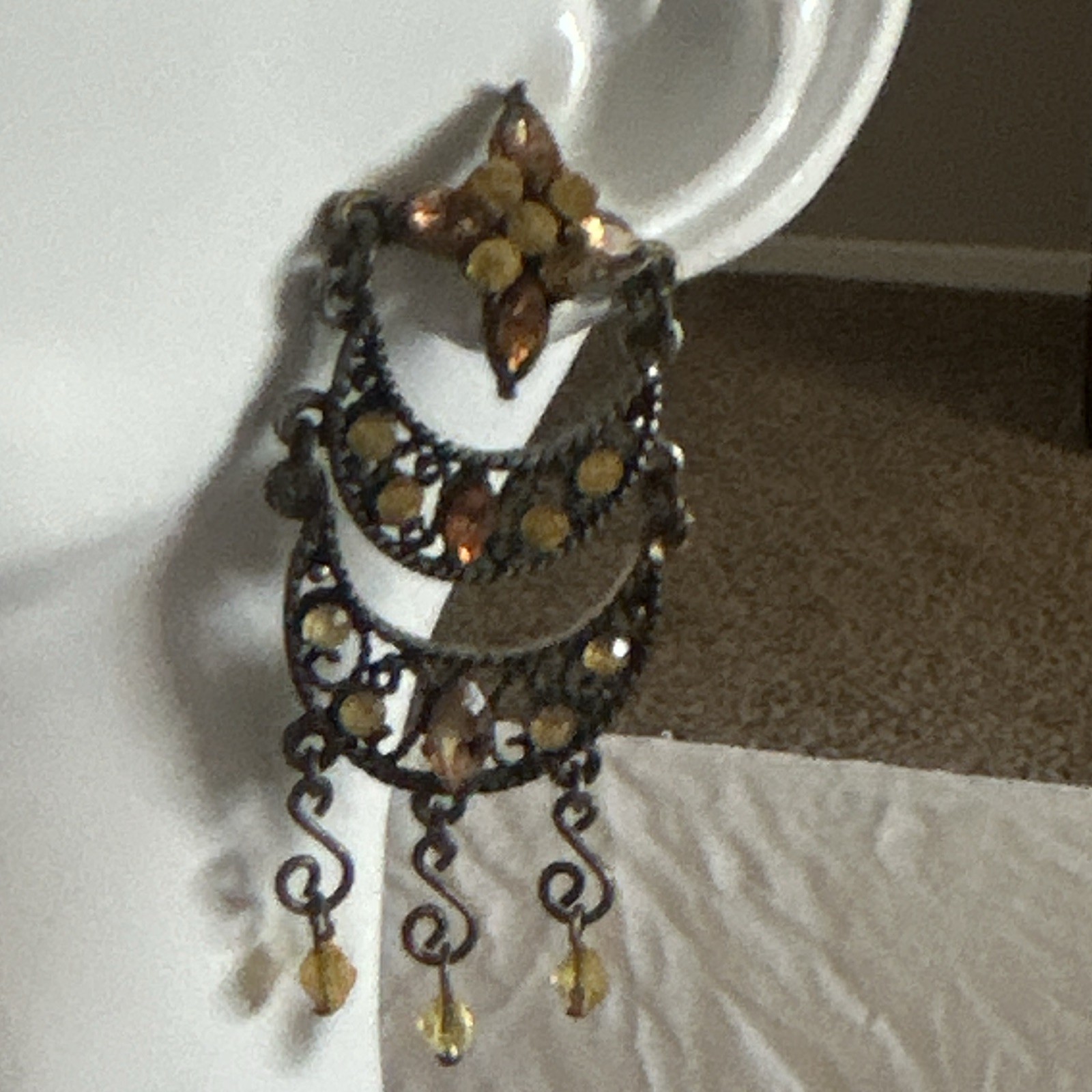 Vintage Asymmetrical Chandelier Dangle Earrings Amber And Crystal Rhinestone