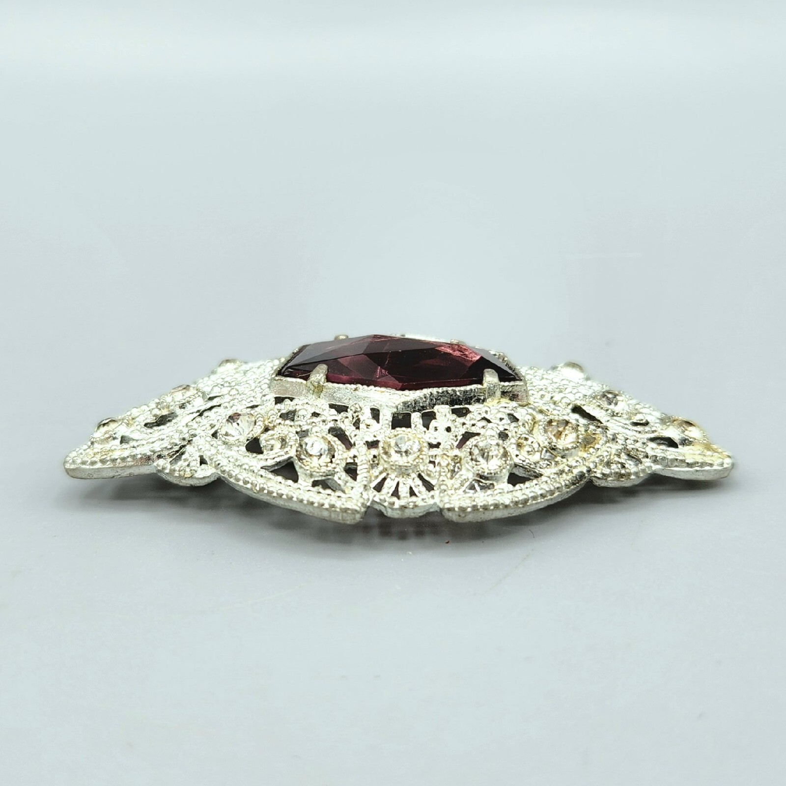 Art Deco Little Nemo L/M Signed Purple Hexagon Glass & Paste Pot Metal Brooch