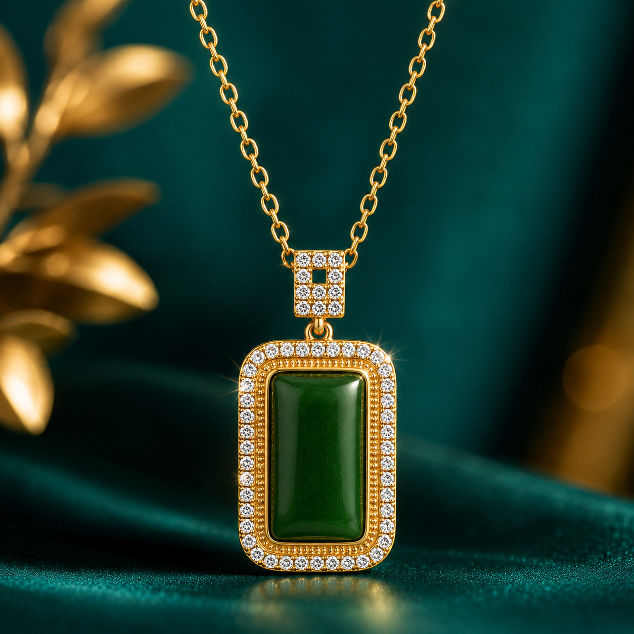 NEW 18K Gold Plated Green Jade Pendant Necklace Crystal Charm Jewelry