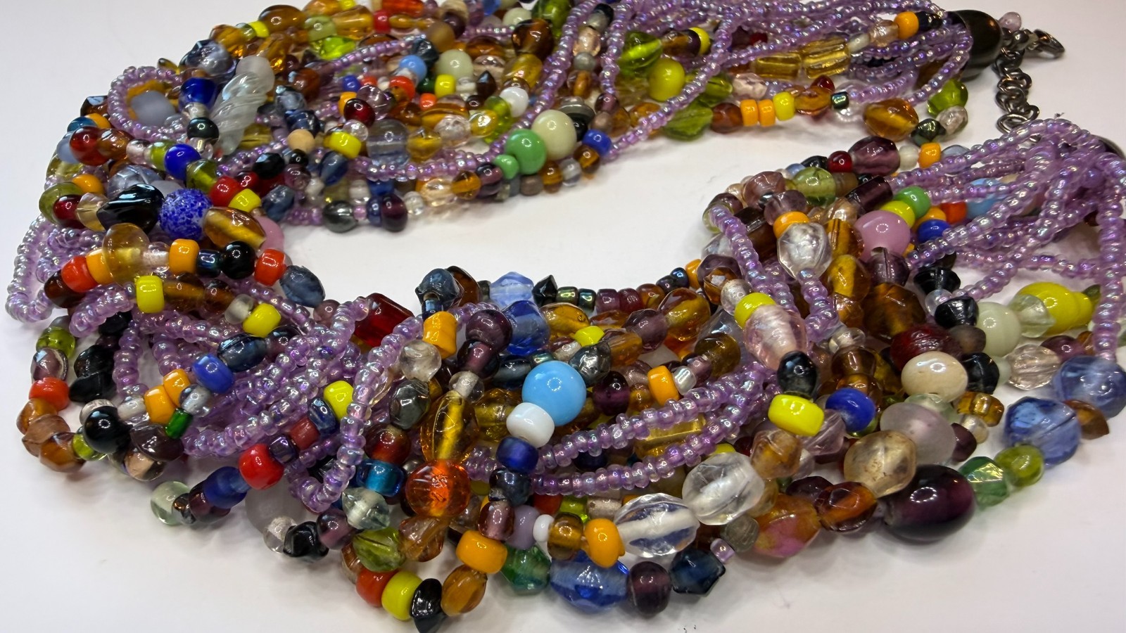 Multi Strand Bead Necklace Colorful Assorted Glass Beads Boho Chunky 18″