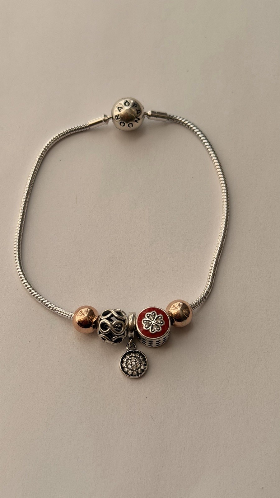 AUTHENTIC PANDORA 925 STERLING SILVER SNAKE CHAIN BRACELET WITH 5 CHARMS