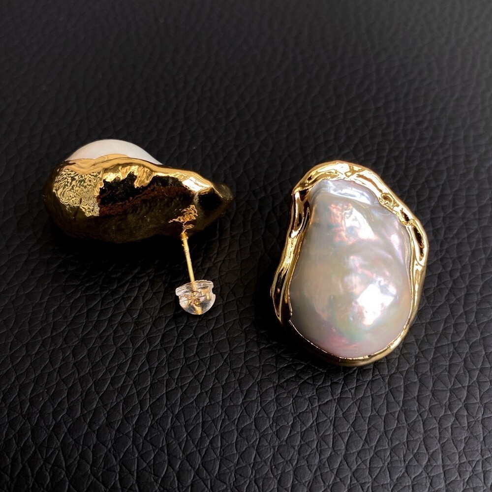 Cultured White Keshi Baroque Pearl Stud Earrings Gold Plated Stud