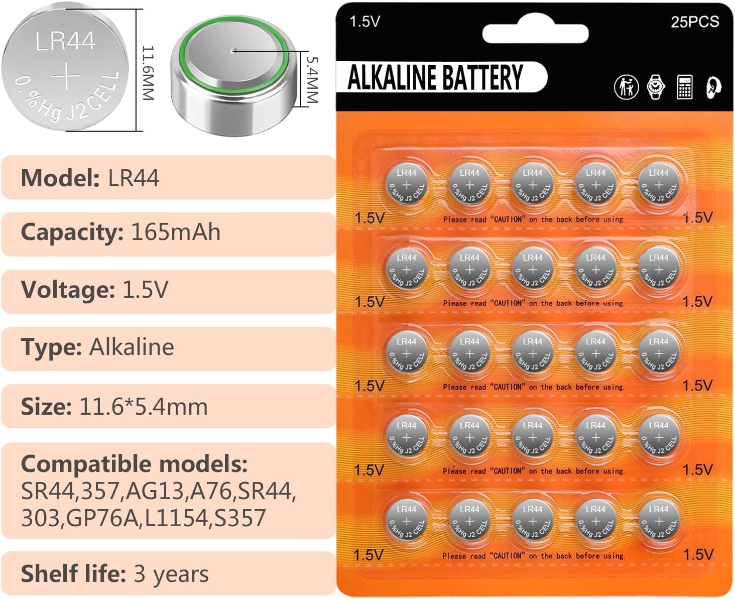 AG13 LR44 A76 L1154 1.5V Alkaline Button Coin Cell Batteries 25 Pack