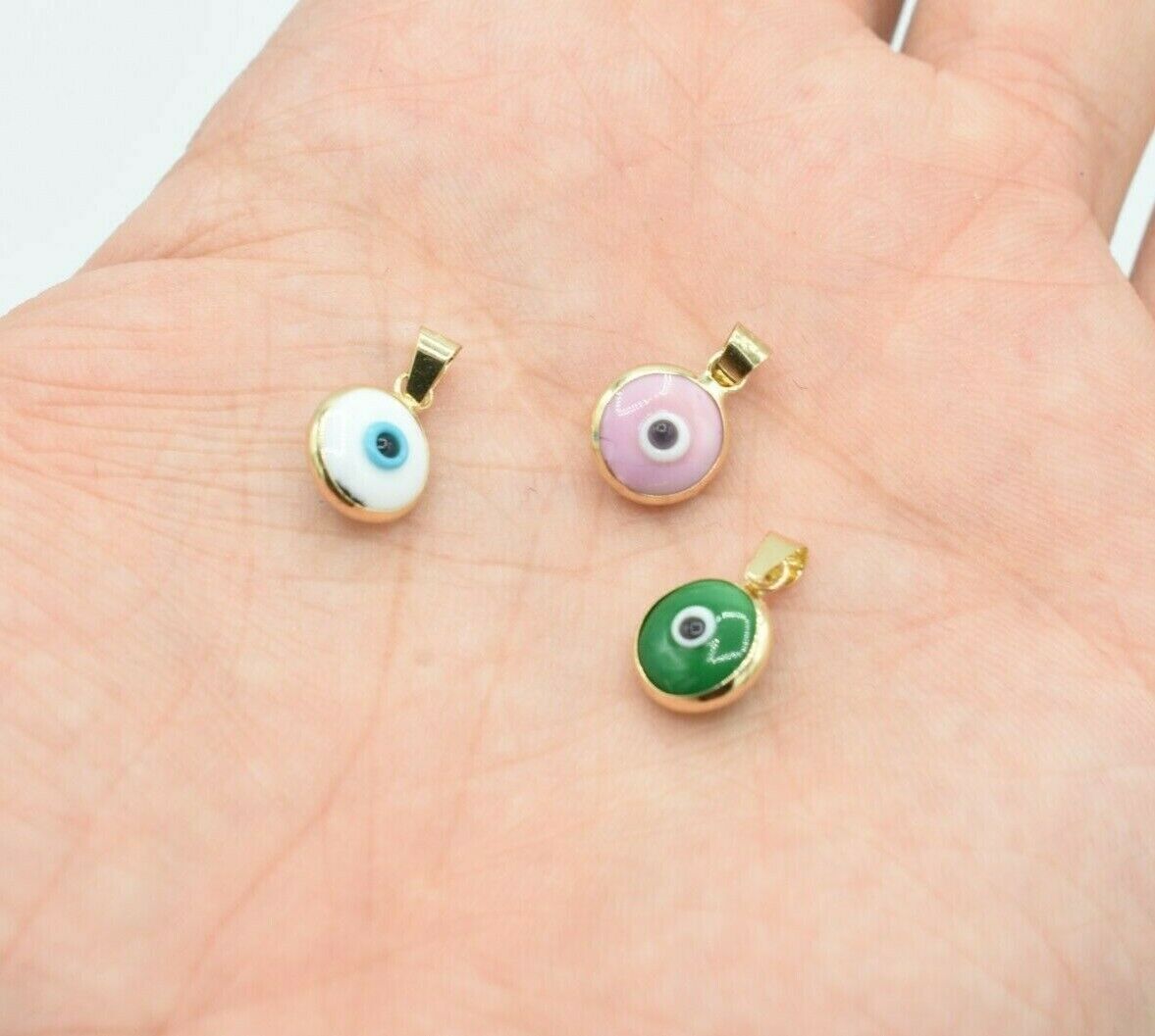Green, White & Pink Evil Eye Luck Charm Pendant Real 14K Yellow Gold