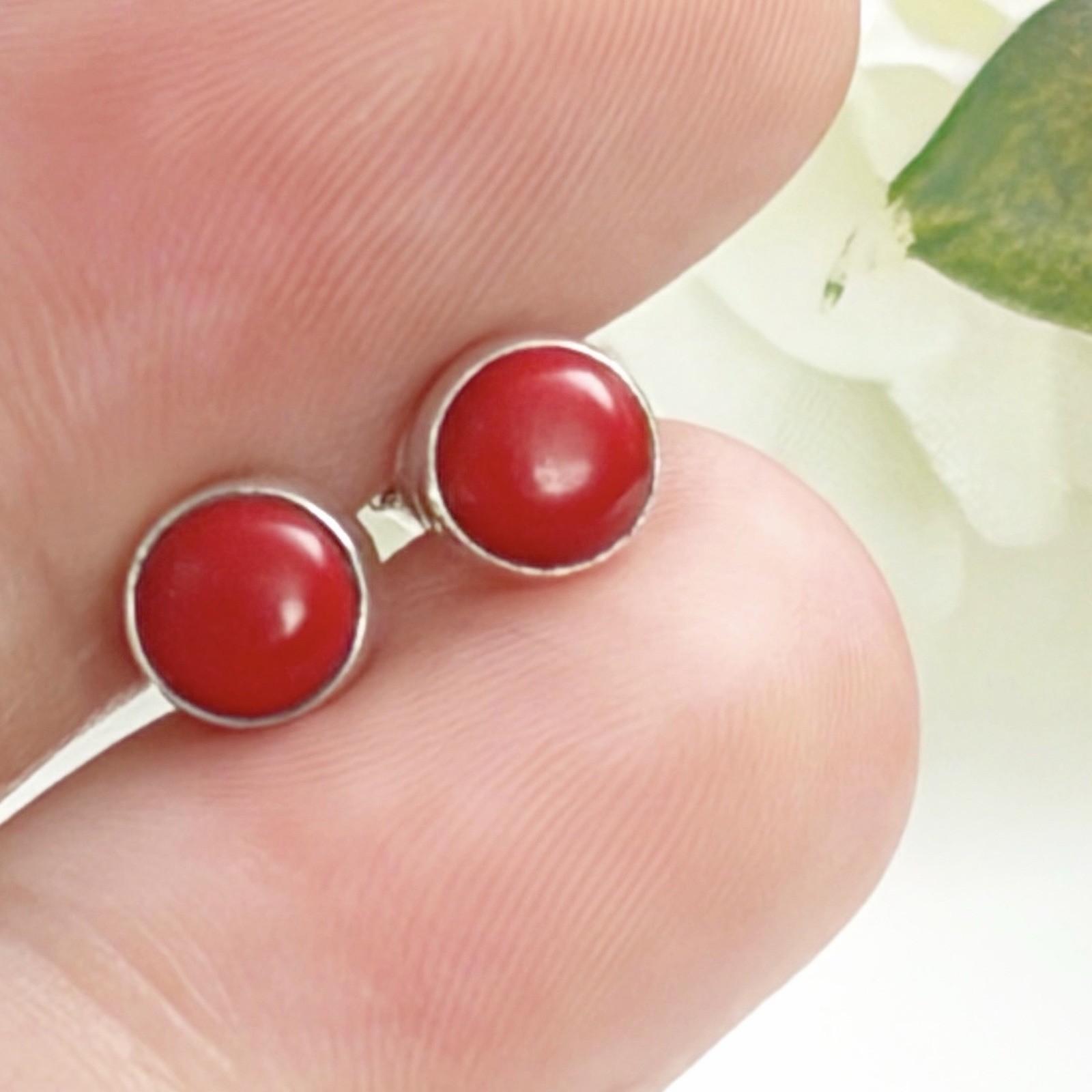 Red Coral Earrings Sterling Silver 925 Gemstone Stud Post Push Back Round
